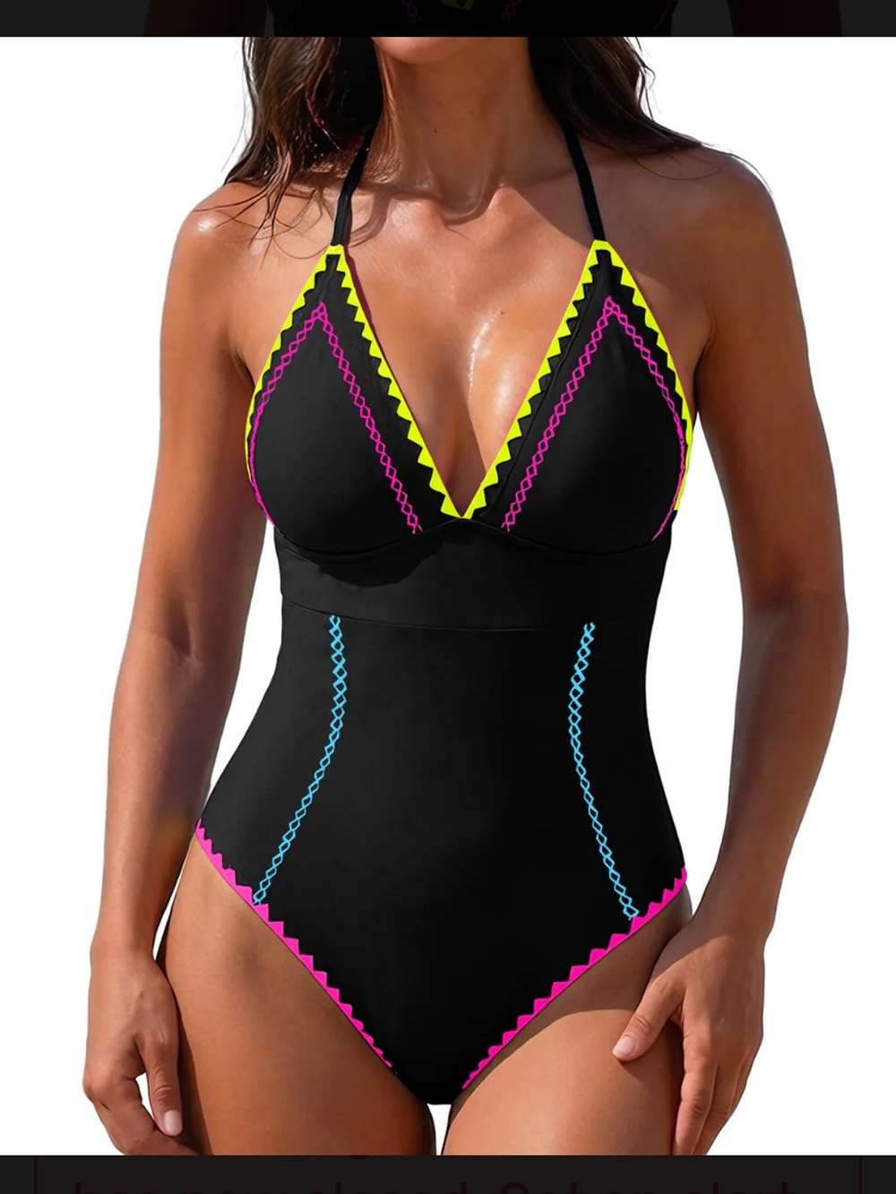 Black One-Piece Swimsuit with Neon Trim- NWOT